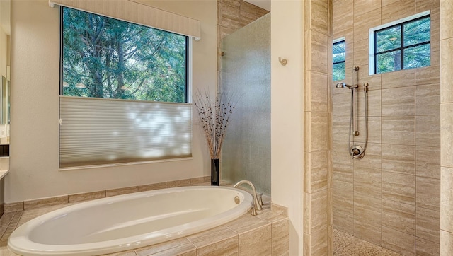 bathroom with separate shower and tub and a healthy amount of sunlight