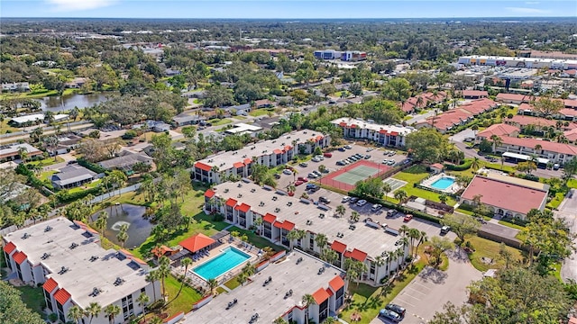 bird's eye view with a water view