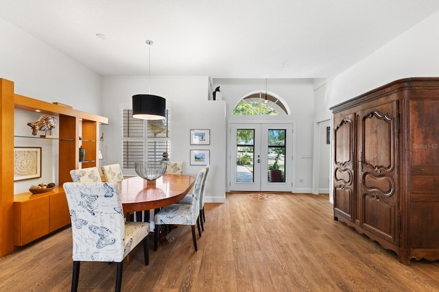 dining area with french doors and light hardwood / wood-style flooring