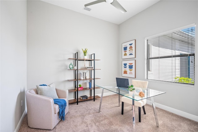 office with ceiling fan and carpet