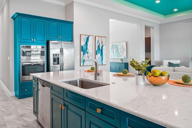 kitchen with crown molding, light stone countertops, sink, a raised ceiling, and stainless steel appliances