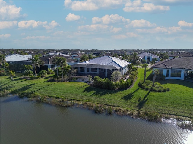 drone / aerial view featuring a water view