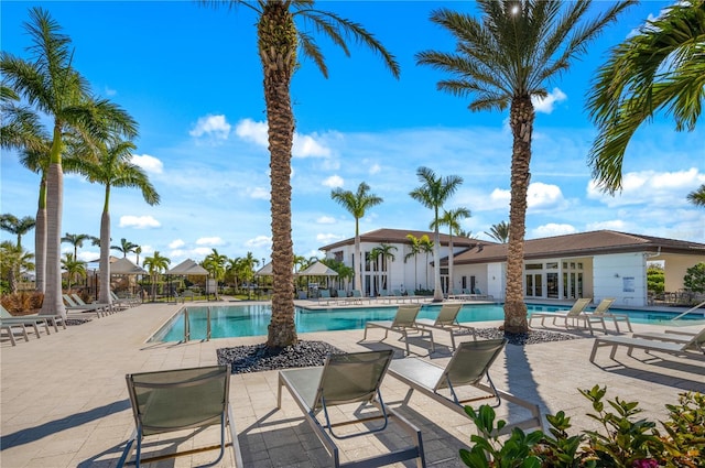 view of swimming pool with a patio