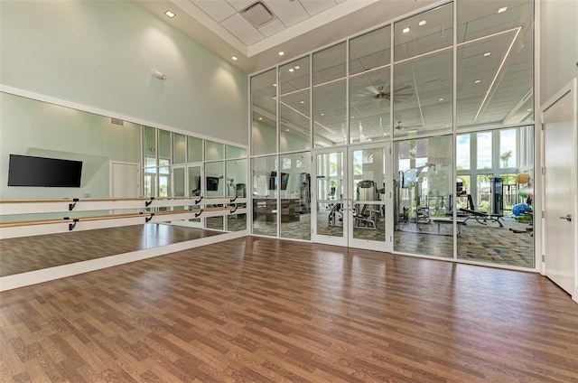 workout area with wood finished floors, a wall of windows, a high ceiling, and a healthy amount of sunlight