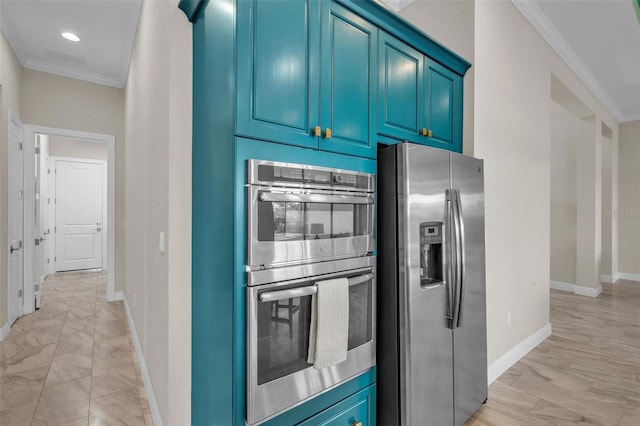 kitchen featuring blue cabinets, marble finish floor, appliances with stainless steel finishes, baseboards, and ornamental molding