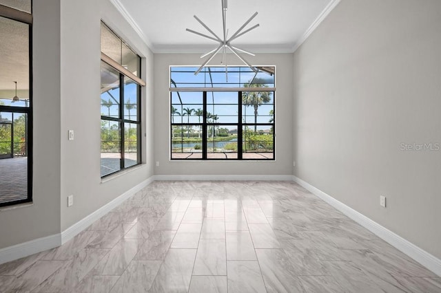 unfurnished dining area featuring baseboards, marble finish floor, a sunroom, and crown molding