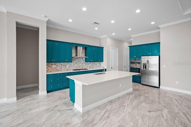 kitchen featuring wall chimney range hood, blue cabinets, stainless steel appliances, light countertops, and ornamental molding