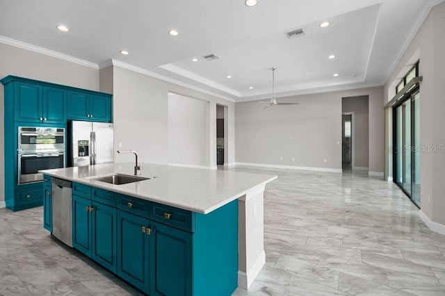 kitchen featuring visible vents, marble finish floor, stainless steel appliances, and a sink