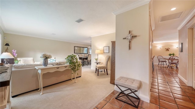 living room with ornamental molding and carpet