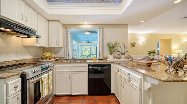 kitchen featuring stainless steel range with electric cooktop, kitchen peninsula, black dishwasher, a raised ceiling, and sink