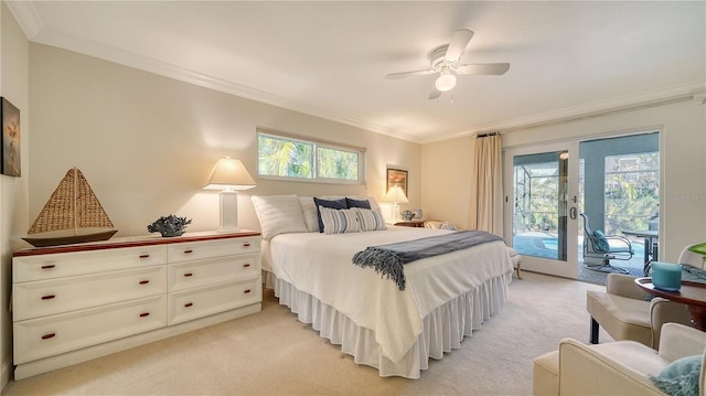 carpeted bedroom with ceiling fan, ornamental molding, access to outside, and multiple windows