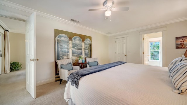 bedroom featuring ceiling fan, light colored carpet, and crown molding