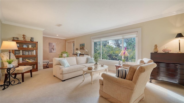 living room with light carpet and crown molding