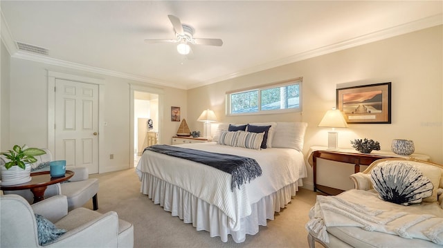 bedroom featuring ceiling fan, light colored carpet, and ornamental molding