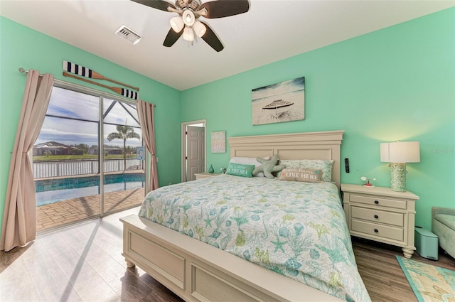 bedroom with access to exterior, ceiling fan, and light hardwood / wood-style floors