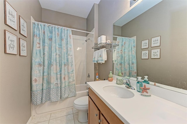 full bathroom with tile patterned floors, vanity, shower / bathtub combination with curtain, and toilet