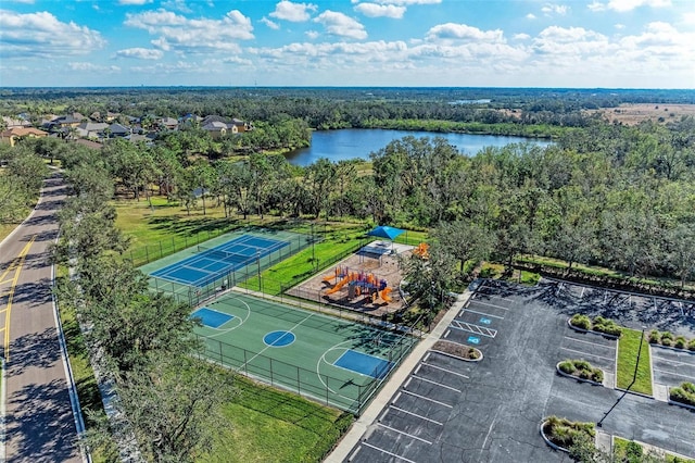 bird's eye view with a water view