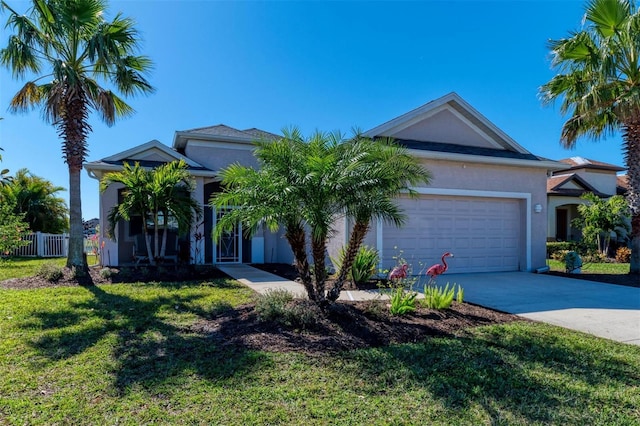 view of front of house with driveway, stucco siding, an attached garage, fence, and a front yard