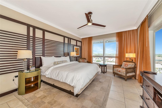 tiled bedroom with ceiling fan and ornamental molding