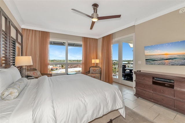 bedroom featuring ceiling fan, light tile patterned flooring, ornamental molding, and access to outside