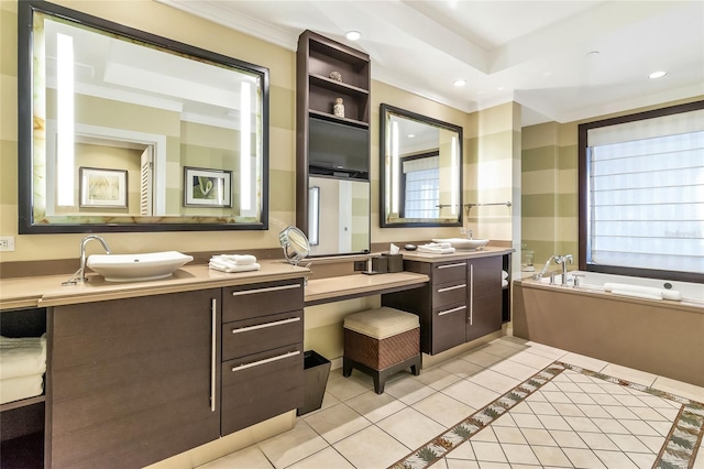 bathroom with crown molding, tile patterned flooring, vanity, and a bath