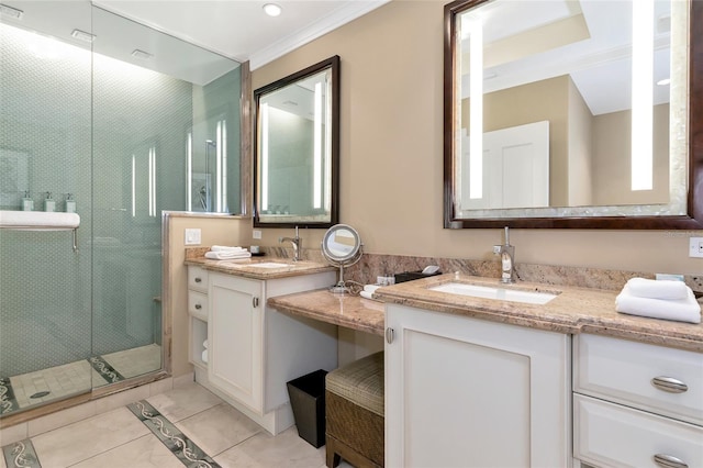 bathroom with tile patterned floors, vanity, crown molding, and walk in shower