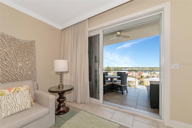 915 Seaside Dr Unit 604, Sarasota, FL 34242 - tiled living room featuring crown molding and a ceiling fan