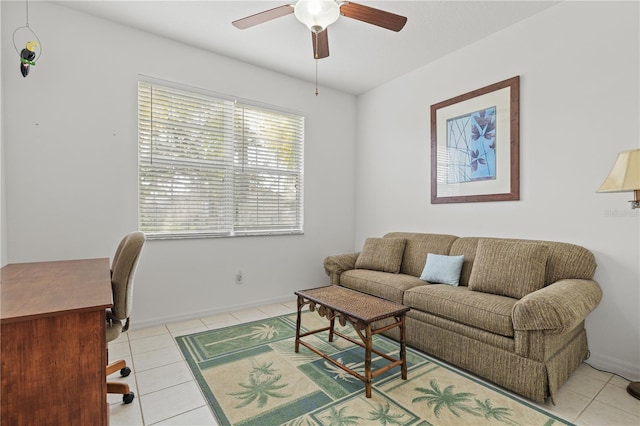 tiled office space with ceiling fan