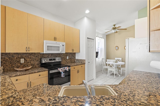 kitchen featuring ceiling fan, light brown cabinets, sink, white appliances, and decorative backsplash