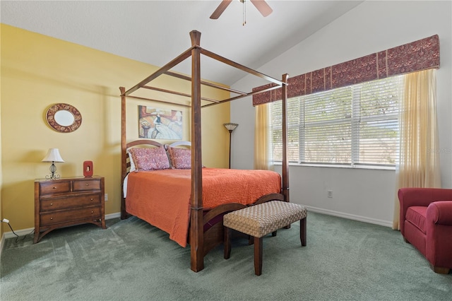 carpeted bedroom with ceiling fan and lofted ceiling