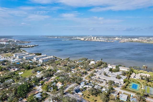 drone / aerial view featuring a water view