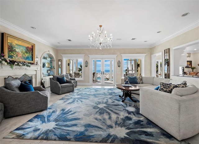 tiled living room with ornamental molding, an inviting chandelier, built in features, and french doors