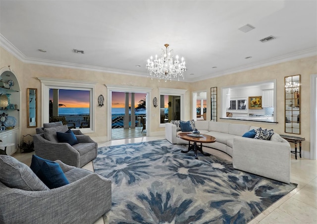 tiled living room featuring a notable chandelier, ornamental molding, and built in shelves