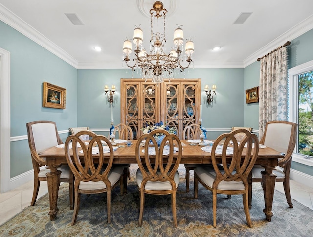 tiled dining space with an inviting chandelier, plenty of natural light, and crown molding