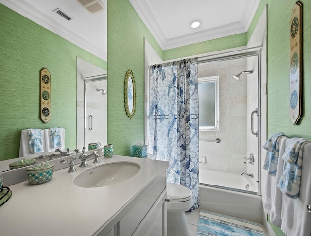 full bath featuring vanity, visible vents, enclosed tub / shower combo, ornamental molding, and toilet