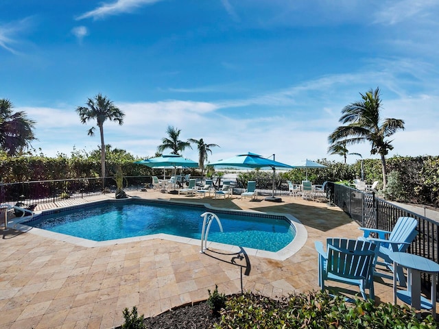 view of pool with a fenced in pool, a patio, and fence