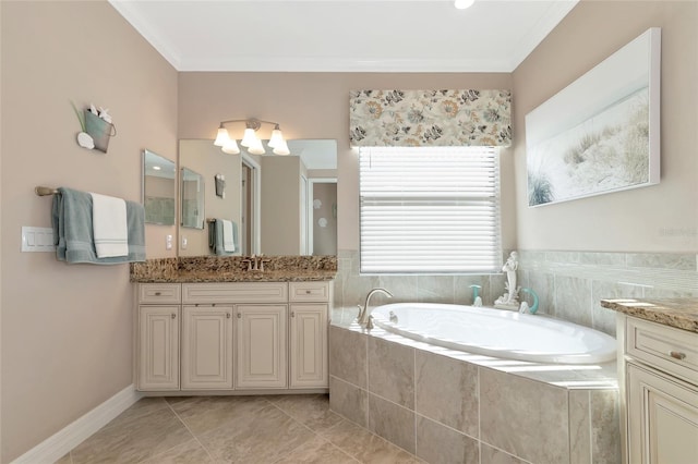 bathroom featuring tiled bath, crown molding, tile patterned flooring, and vanity