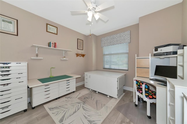 bedroom featuring ceiling fan and light wood-type flooring