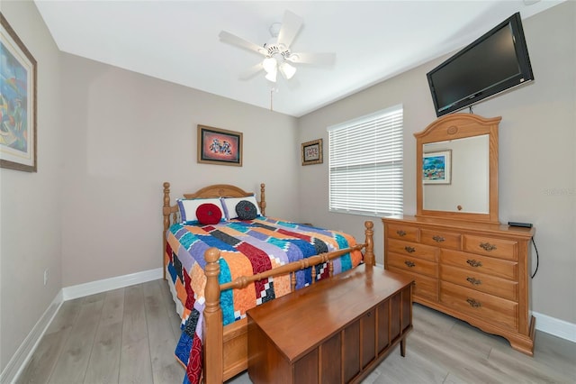 bedroom featuring ceiling fan and light hardwood / wood-style flooring