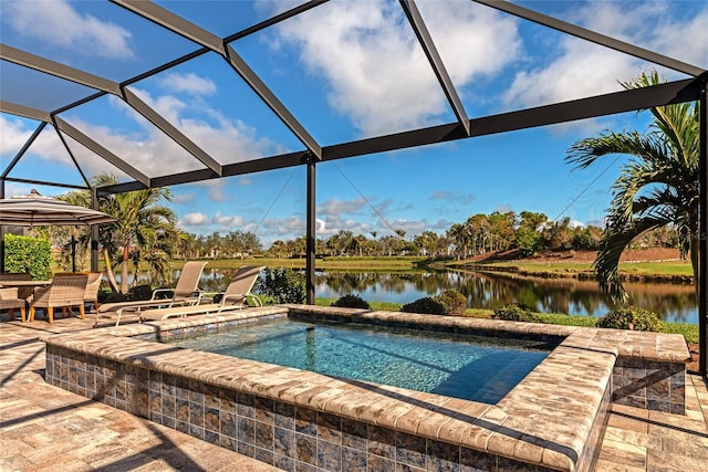 view of pool featuring a water view, a hot tub, a lanai, and a patio area