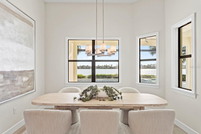 dining room with a water view, a notable chandelier, and light wood-type flooring