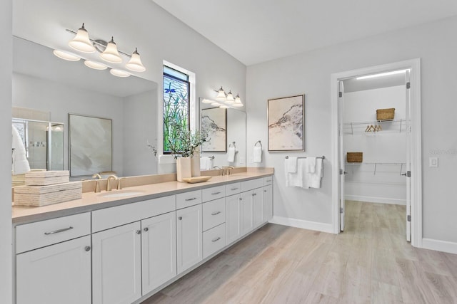 bathroom with vanity, hardwood / wood-style flooring, and a shower with shower door