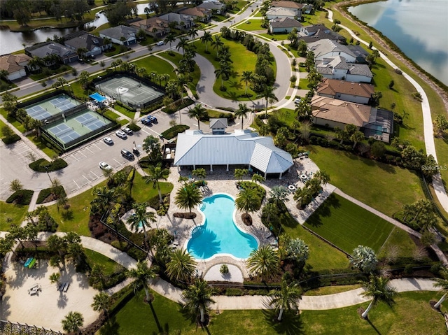 drone / aerial view featuring a water view