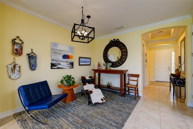 living area with crown molding, light tile patterned floors, and a notable chandelier