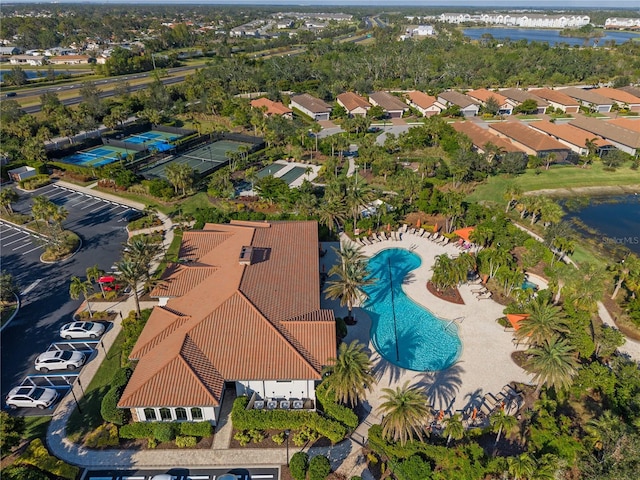 drone / aerial view featuring a water view