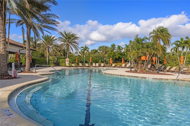 view of swimming pool with a patio area