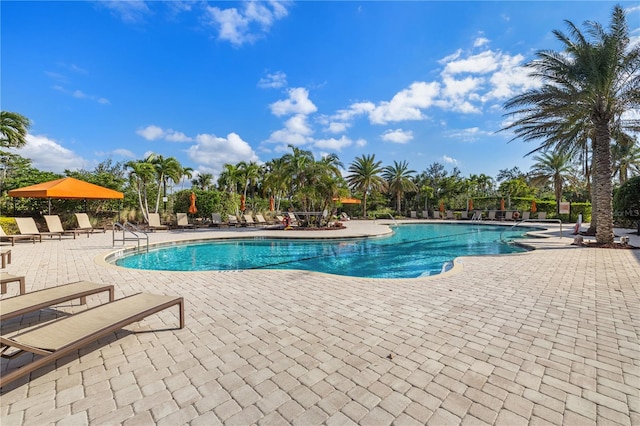 view of swimming pool featuring a patio