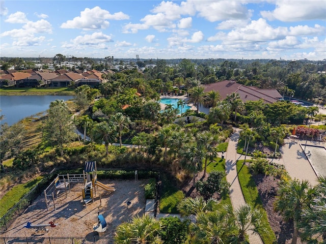 drone / aerial view featuring a water view