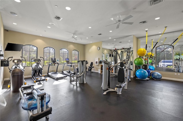 workout area with ceiling fan