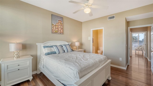 bedroom with ceiling fan, dark hardwood / wood-style flooring, and ensuite bathroom